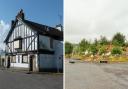 The Quayside Inn, at Harbour Place in Inverkeithing, and the site following its demolition.
