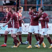 Cammy Russell (right) celebrates his winner in Tuesday's first leg with his Kelty team-mates. Photo: Jim Payne.
