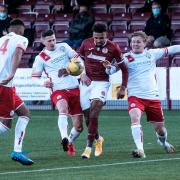 Nathan Austin, in action in Tuesday's first leg, could be a key man for Kelty this afternoon. Photo: Jim Payne.