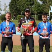 Senior finals winner Jake Slight (centre) with Lewis Alsop (left) and Kayden Davidson (right) at the Scottish Open Cycle Speedway event. Photo:  Nia Martin Photography.