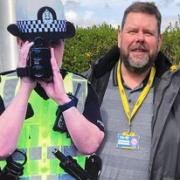 Councillor Brian Goodall with one of the pop-up police officers being used in his Rosyth ward.