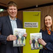 Cllr James Calder, City of Dunfermline Area Committee Convener, and Carole Patrick, Sustrans Scotland Director, with the Walking and Cycling Index.