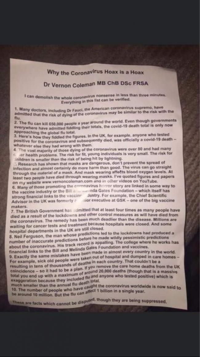 The hoax leaflet which has been delivered door-to-door in the area.