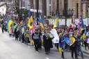 People took part in a march from Hyde Park to Trafalgar Square organised by various Ukrainian community organisations based in London (Maja Smiejkowska/PA)