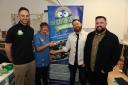 Steven Coutts, Andy Brown and Scott Young hand over the vein finder to charge nurse Sandra Kyle at the Victoria Hospital, Kirkcaldy.