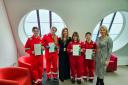 Scholarship recipients with Claire Davidson and Pauline McGeevor at Shell UK's Mossmorran plant.