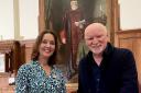 Sir Tom Hunter, with Gillian Taylor, chief executive of the Carnegie Dunfermline Trust