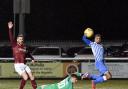 Nathan Austin scores the winner for Kelty Hearts at Stenhousemuir. Photo: Dave Johnston / Alba Pictures.