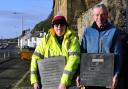 Limekilns Heritage Trust's Russell Kelly and Roger Hart with the commemorative paving stones.
