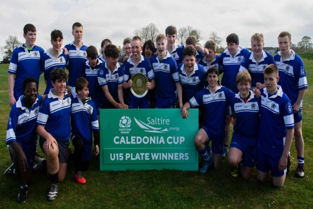 ABERDEEN, SCOTLAND - MAY 01: Dunfermline are presented with their  U15 Winners Plate during the Saltire Energy Caledonia Cup  Youth Rugby Finals Day at Sheddocksley Playing Fields, on April 30, 2022, in Aberdeen, Scotland. (Photo by Mark Scates / SNS