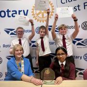 Rotary Club of West Fife President Aileen North with winning Cairneyhill PS team - Malian Motin, Luca Steele, James Huis and Brodie Hay.