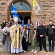 Archbishop Cushley with some of the pilgrims who walked to St Margaret’s Church in East Port from Lochgelly! Fr Francisco Liporace IVE (second right) and Fr Simon Willis IVE (right), from Holy Family Parish in Cowdenbeath are also pictured.
