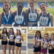 Dunfermline Track and Field's under-17 girls (top pic) added an outdoor national relay bronze to the indoor gold they won earlier this year (below left). The under-13 girls (below right) also medalled at the indoor event.