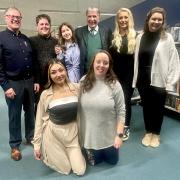 Lecturer Robin Sharp (left) and Lauder family descendent William Garner are joined by George Lauder Bursary recipients Levi Kaye, Camryn Provan, Megan Simpson, Julia Sheriffs, Abby Cloete and Niamh Hogwood.