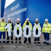 UK Minister for Defence Procurement, James Cartlidge, and Babcock CEO David Lockwood, with apprentices and production support operatives at Rosyth.