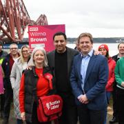 Anas Sarwar with election candidates Wilma Brown and Graeme Downie.