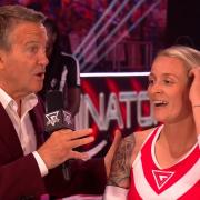 Kerry Wilson with host Bradley Walsh at the end of her semi-final.