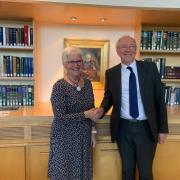 Janet McCauslin MBE is the new  chair of the Carnegie Dunfermline and Hero Fund Trust.  She is pictured with former chair Andrew Croxford.