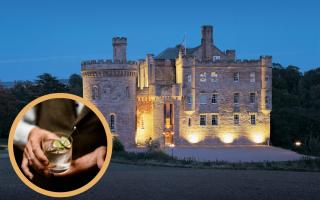 (Background) Dalhousie Castle. (Circle) A person with a gin glass. Credit: King's Hill